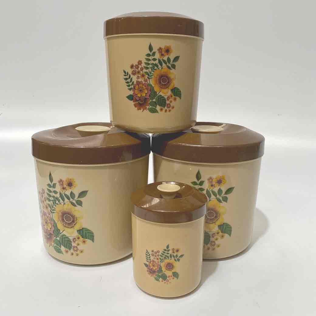 CANNISTER SET, 1970s Floral Print w Brown Lid (Set of 4)